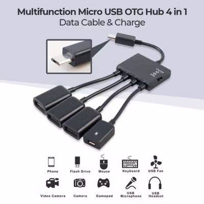 Multifunction Micro USB OTG Hub 4in1 Data Cable & Charge 3 Port - M3H4 - Black