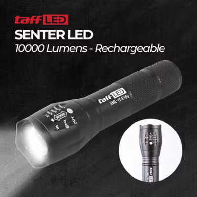 TaffLED Senter LED XML-T6 Rechargable Waterproof IPX4 10000 Lumens - E18u - Black