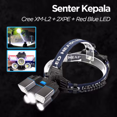 Albinaly Senter Kepala Headlamp Cree XM-L2+2XPE+Red Blue LED - TG-007 - Black