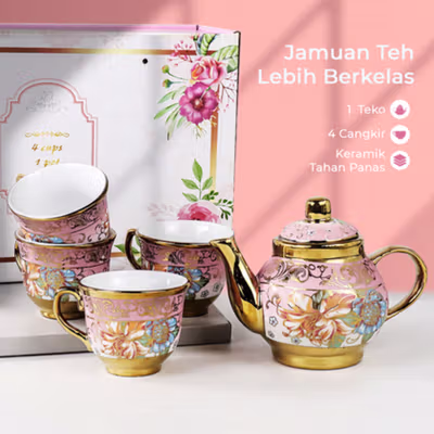 SUNFILI Set Teko Cangkir Keramik Kopi 1 Teapot 4 Cup European Style - B140 - Rose Gold