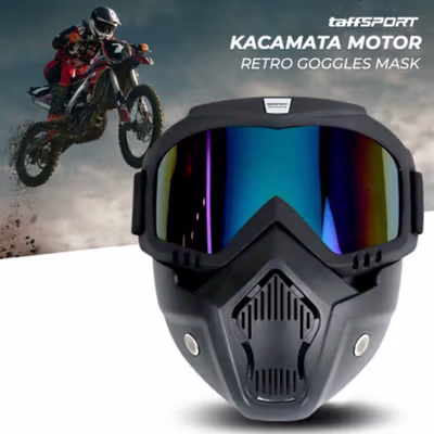 TaffSPORT BOLLFO Kacamata Goggles Mask Motor Retro Windproof - MT-04 - Black/Blue