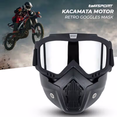 TaffSPORT BOLLFO Kacamata Goggles Mask Motor Retro Windproof - MT-04 - Black/Silver