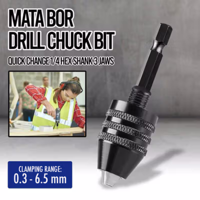 WREOW Mata Bor Drill Chuck Bit Quick Change 1/4 Hex Shank 3 Jaws 0.3-6.5mm - WR091 - Black