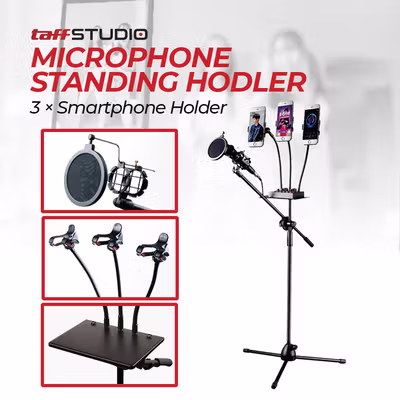 TaffSTUDIO Microphone Standing Holder Tripod 3xSmartphone Holder - NB-04P - Black