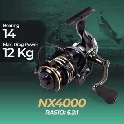 TaffSPORT Reel Pancing Spinning Fishing Reel 5.2:1 4000 - NX4000 - Black