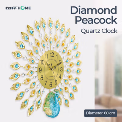 TaffHOME Jam Dinding Bulat Quartz Clock Diamond Peacock 60cm - H19 - Golden