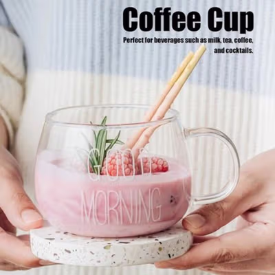 Cangkir Kopi Kaca Tahan Panas Good Morning Aesthetic Mug 350ml - 9H9D - Transparent