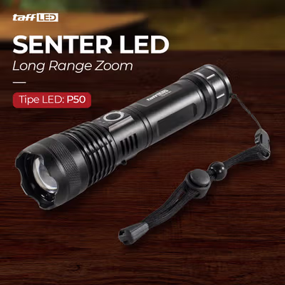 TaffLED Senter LED P50 Long Range Zoom Rechargeable IP55 800 Lumens - TG-S191 - Black