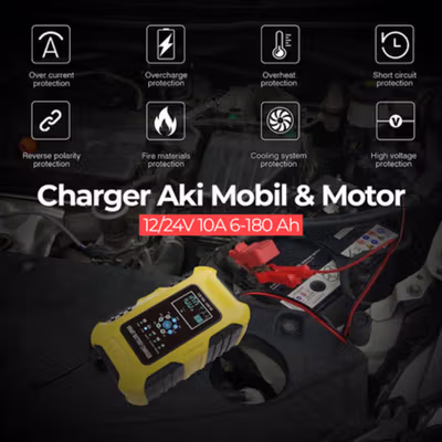 FOXSUR Charger Aki Mobil Motor Intelligent Battery Charger12/24V 10A - FBC122410D - Yellow
