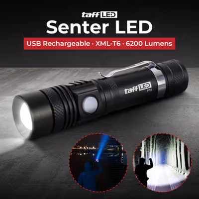TaffLED Senter LED XML-T6 USB Rechargeable Waterproof 6200 Lumens - P15 - Black