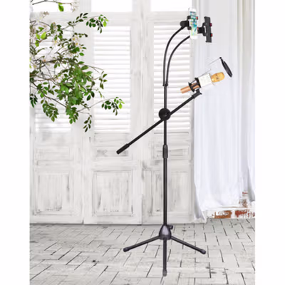 TaffSTUDIO Microphone Standing Tripod with 2 x Smartphone Holder - NB-03 - Black