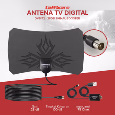 Taffware Antena TV Digital Indoor DVB-T2 28dB Signal Booster Amplifer - N0012 - Black