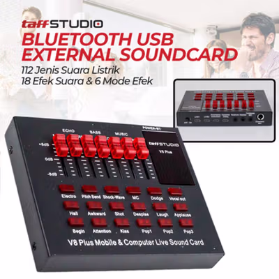TaffSTUDIO Sound Card Bluetooth USB External Live Mic Headset - V8 Plus - Black