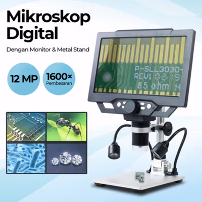 Taffware Mikroskop Digital 12MP 1600X dengan Monitor and Metal Stand - G1600 - Silver