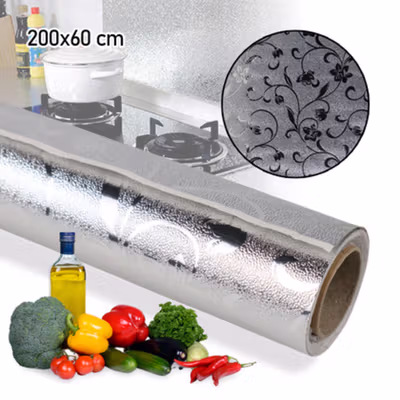 AWOO Wallpaper Aluminium Foil Anti Minyak Flower 200x60 cm - 8502 - Silver
