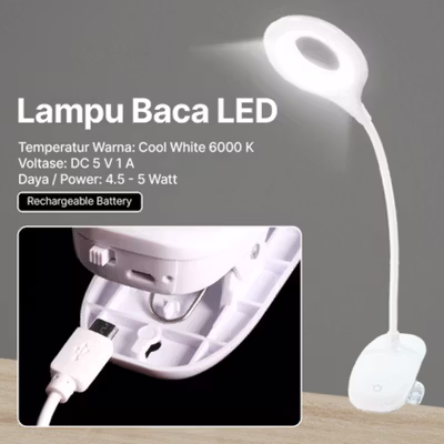 OOBEST Lampu Baca LED Read Lamp Clip Rechargeable Cool White 5V 5W - 7013-A - White