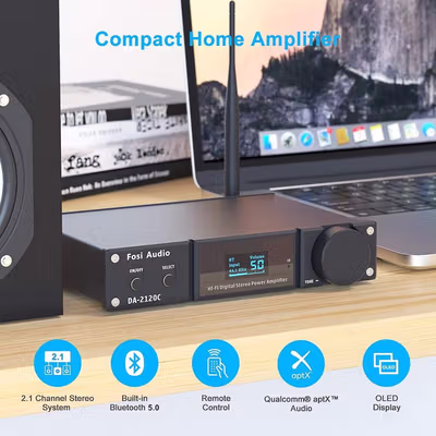 Fosi Audio Bluetooth 5.0 Amplifier 2.1 Channel with Remote - DA2120C - Black