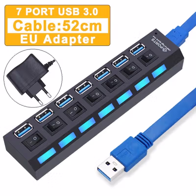 YUANRURU USB Type A Hub 7 Port USB 3.0 High Speed Extender - Y445 - Black