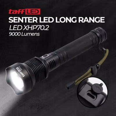 TaffLED Senter LED XHP70.2 Long Range Rechargeable IPX6 9000 Lumens - HS313 - Black