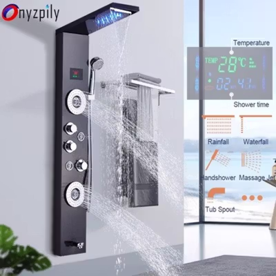 Onyzpily Shower Mandi Panel LED Temperature Screen Wall Mounted - 8006 - Black