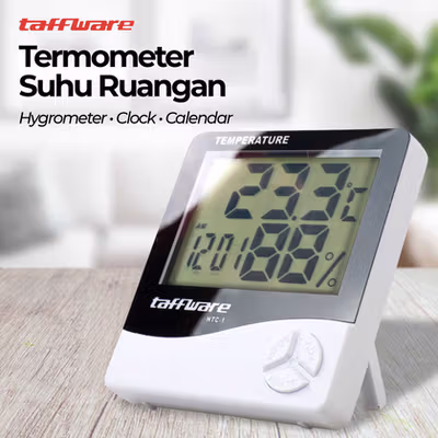 Taffware Termometer Suhu Ruangan Humidity Hygrometer Clock Calendar - HTC-1 - White