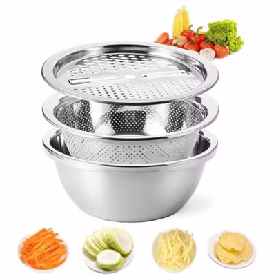 Formhome Baskom 3 in 1 Saringan Parutan Drain Basket Grater 25cm - FVT20 - Silver