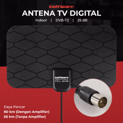 Taffware Antena TV Digital Indoor DVB-T2 25dB Grid Jack Male Plug - TFL-D139 - Black