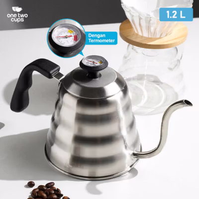 One Two Cups Teko Kopi Leher Angsa Pot V60 Drip 1.2L with Thermometer - Silver