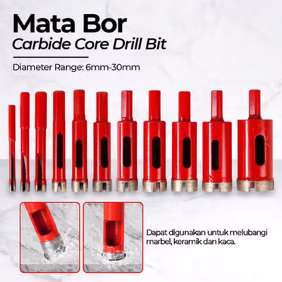 VENSTPOW Mata Bor Hole Punch Carbide Core Drill Bit 6mm-30mm 11 PCS - V12 - Red