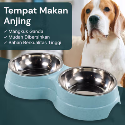 KOVELY Tempat Makan Hewan Peliharaan Anjing Double Bowl - CFB33 - Blue