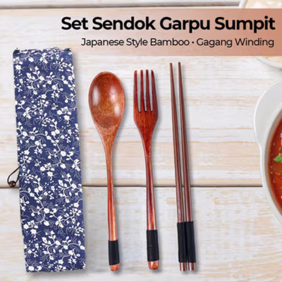 BAISPO Set Alat Makan Sendok Garpu Sumpit Bambu Cutlery Japanese Style Winding - EA025 - Wooden