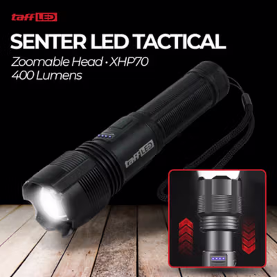 TaffLED Senter LED XHP70 Tactical Zoomable Head IP65 400 Lumens - P7 - Black