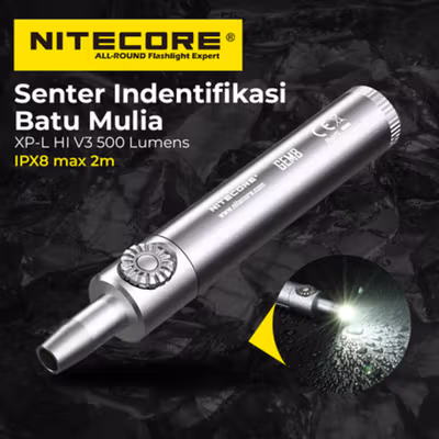 NITECORE Senter LED XP-L HI V3 Identifikasi Batu Mulia IPX8 500 Lumens - GEM8 - Silver