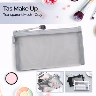 KHINSUN Tas Make Up Kosmetik Transparent Mesh Flat - BS802 - Gray