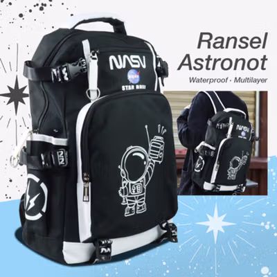 BADUXIAOXIANG Tas Ransel Sekolah Anak Astronot Waterproof Multilayer - SC44 - Black