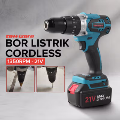 Taffware Bor Listrik Cordless Brushless 1350RPM 21V - LB176 - Blue/Black