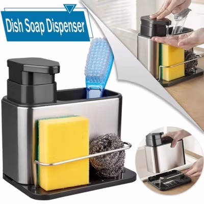 TESOT Dispenser Sabun Cuci Piring 3in1 Stainless Steel Sink Organizer - TH3700 - Silver