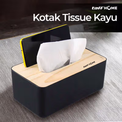 TaffHOME Kotak Tisu Kayu Tissue Box dengan Holder Smartphone - ZJ008 - Black