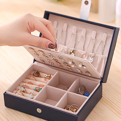 ANNGILL Kotak Perhiasan Aksesori Organizer Storage Jewelry Box - AN165 - Navy Blue