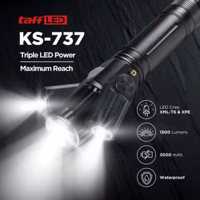 TaffLED Senter LED Telescopic Zoom Cree XML-T6 dan 2x XPE 1500 Lumens - KS-737 - Black