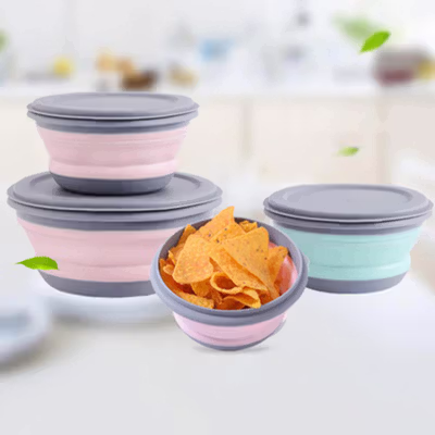 LORV Kotak Makan Lunch Box 3in1 Foldable Silicone 300ml 600ml 1200ml - B1 - Pink