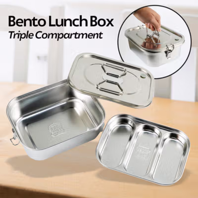 HE JIA FAN LE Kotak Makan Lunch Box Stainless Steel 304 2L Triple Compartment - HS233 - Silver