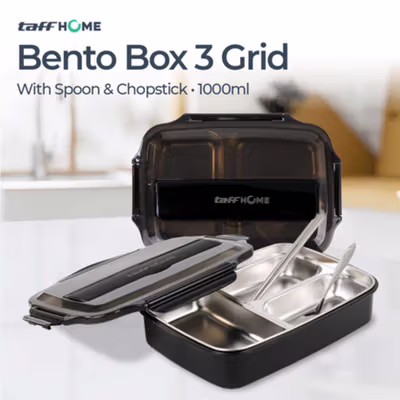 TaffHOME Kotak Makan Lunch Box Stainless Steel 3 Grid 1L - OU1000 - Black