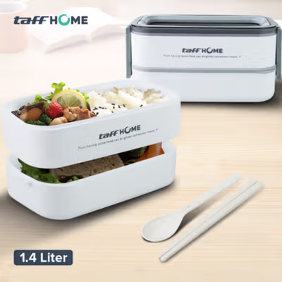 TaffHOME Kotak Makan Lunch Box Stainless Steel Double Layer 1.4L Grid 4 - J274 - White