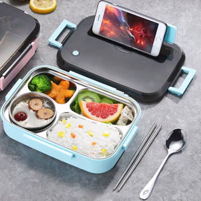 UPORS Kotak Makan Anti Tumpah Stainless Steel Lunch Box 4 Grid 1.5L - UP4 - Blue