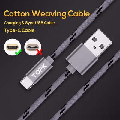 TOPK Kabel Data USB Type C Multifungsi Fast Charging Braided 3A 1M - AN09 - Dark Gray