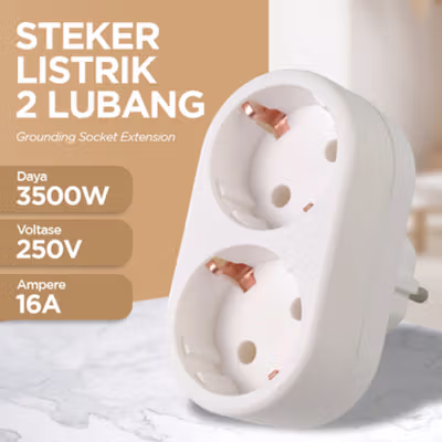 DLV Steker Listrik 2 Socket EU Plug Grounding Extension 16A 250V 3500W - B2-1G - White