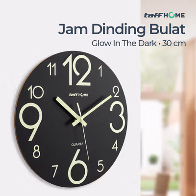 TaffHOME Jam Dinding Bulat Quartz Luminous Glow in The Dark 30cm - Win31 - Black