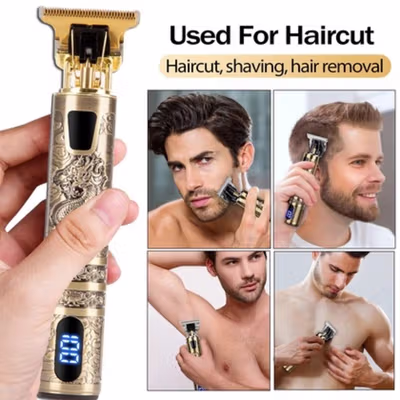VINTAGE Alat Cukur Rambut Elektrik Hair Trimmer LCD USB with 4 Comb - T9 - Black Gold