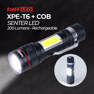 TaffLED Senter LED COB XPE T6 Rechargeable Tactical 200 Lumens - 1520 - Black
